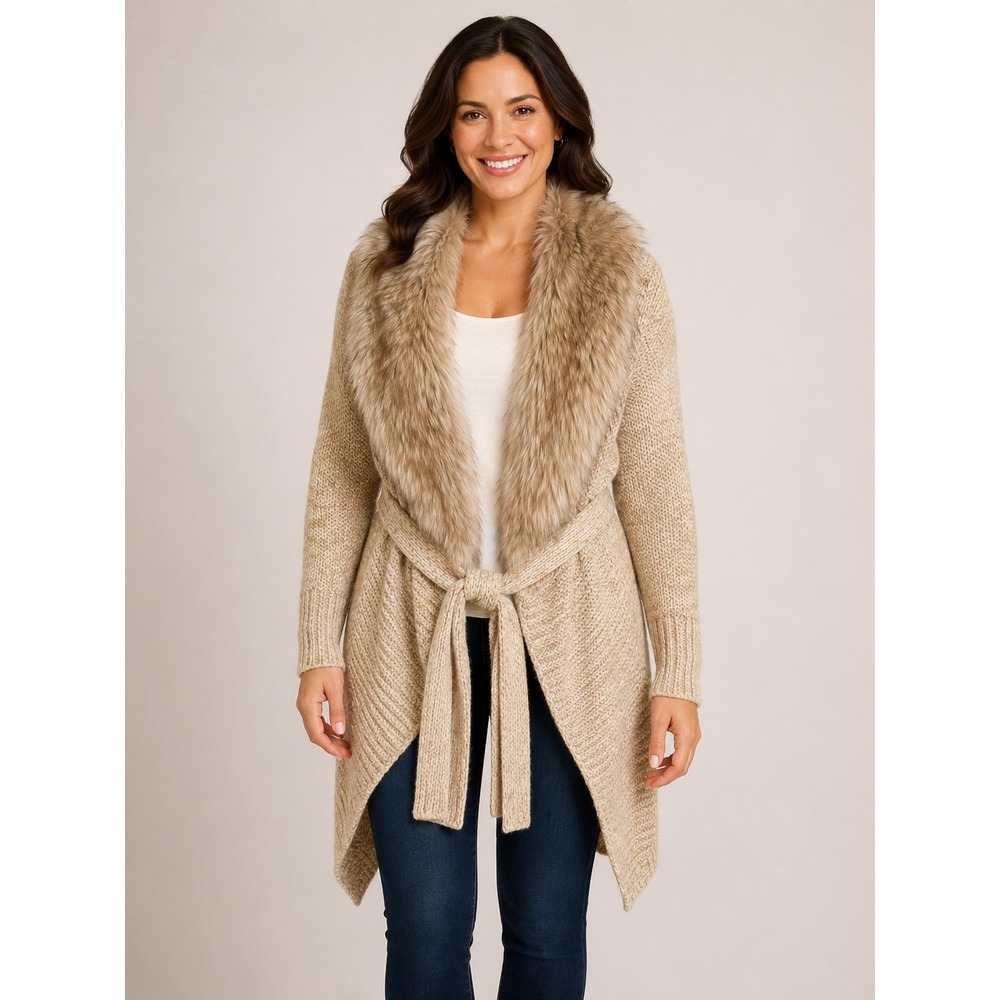 Express Cardigan Sz  M Tan Faux Fur Collar Belted Wool Wrap Cabin Layer Chic Y2K